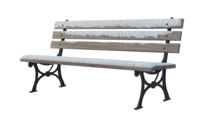 A classic wooden park bench with ornate black cast iron legs, covered in fresh snow, isolated on a transparent background. background removed