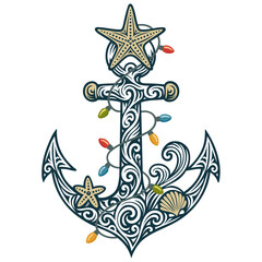 Weihnachts-Anker mit Seestern und Lichterkette - Maritimes Vektor Ornament
