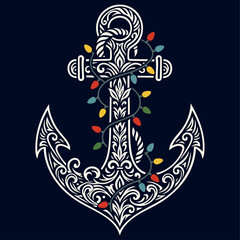 Weihnachts-Anker mit Lichterkette - Ornamentales Maritim Vektor Motiv