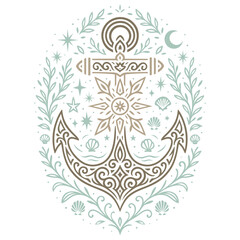 Maritimer Anker mit Schneeflocke und Muscheln - Ornamentales Vektor Motiv