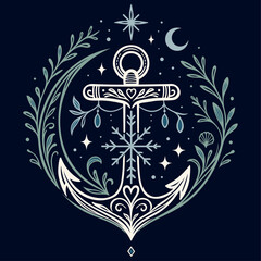 Mystischer Anker mit Schneeflocke und Mond - Maritimes Winter Vektor Motiv