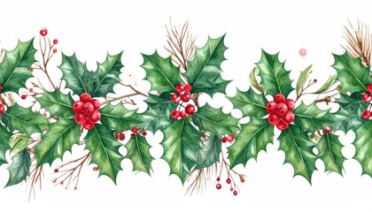 Fototapeta premium Watercolor Christmas Holly Border with Red Berries and Green Leaves.