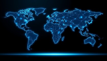 Neon Blue World Map with Digital Network Connections and Lights on Black global technology