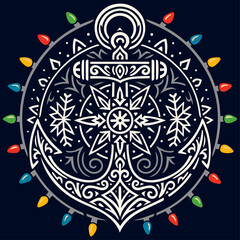 Anker Mandala mit Schneeflocke und Lichterkette - Maritimes Weihnachts Ornament
