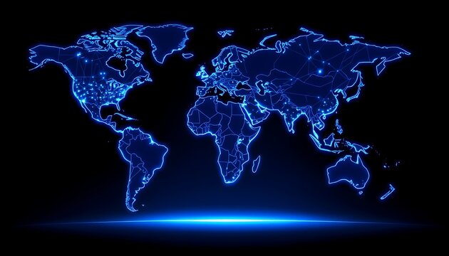 Futuristic Blue World Map with Digital Network and Glowing Lights on Black global connection - Powered by Adobe