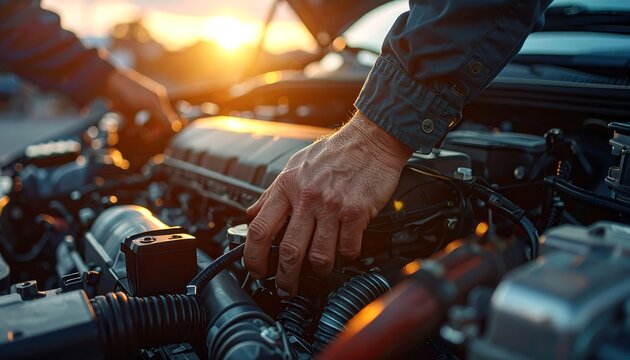 Close-up of mechanic's hands working on a car engine during sunset