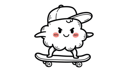 Cloud Skateboard Fun: An adorable, cartoon cloud figure, complete with a baseball cap, takes to the skateboard for a lively, energetic adventure. A perfect blend of whimsy.