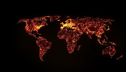 Illuminated World Map with Orange City Lights on Black earth globe