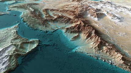 An aerial view of a detailed topographic map depicting a landscape featuring mountains and sea. The image showcases the natural formations of land and water