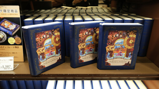 Sapporo, Japan on 28 September 2025: a cute and unique chocolate box designed like a magical book, on display at the Shiroi Koibito Park store as a special edition product from Hokkaido