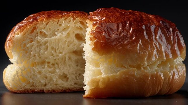 Freshly Baked Bread: A close-up shot of a halved bread roll, with its golden-brown, crispy crust and soft, fluffy interior, inviting viewers to indulge in its comforting warmth.