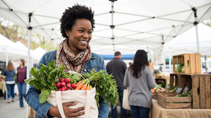 Smiling woman carrying reusable tote bag filled with fresh organic vegetables and leafy greens at outdoor farmers market stalls
