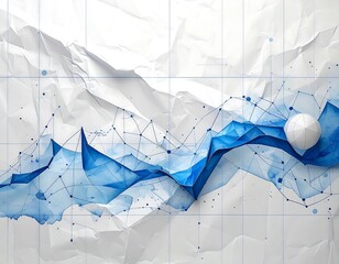 A crumpled white paper background with gridlines is overlaid by a watercolor-style blue abstract shape and sphere connected by lines