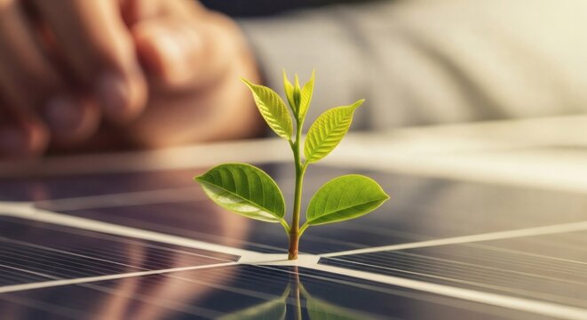 Green energy sustainability. Young sprout growing on solar surface expressing clean technology, ecological balance, and green power.
