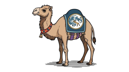 Desert Caravan Companion: A charming illustration showcases a camel, complete with a saddle, ready for a journey. The camel, a symbol of resilience and travel, stands poised for exploration. 