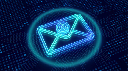 Glowing digital email icon on futuristic circuit board background representing online communication, cybersecurity and electronic messaging