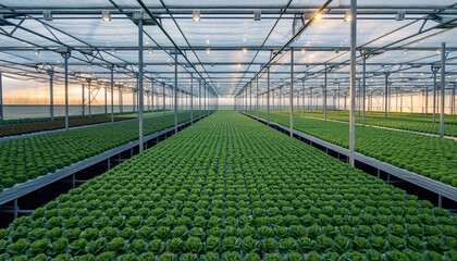 Fototapeta premium Vibrant greenery extends into infinity within a greenhouse, showcasing modern agriculture. Ideal for concepts of sustainability, food production, and innovation.