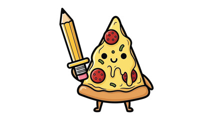 Pizza Defender: A cartoon slice of pizza wielding a pencil as a sword, showcasing a playful and creative concept, perfect for food and artistic themes.
