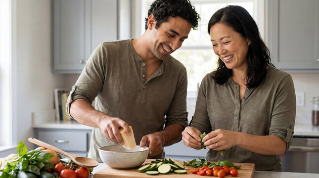 Happy couple preparing fresh vegetables together in a bright home kitchen, slicing zucchini and tomatoes for a healthy meal