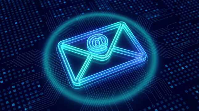 Glowing digital email icon on futuristic circuit board background representing online communication, cybersecurity and electronic messaging - Powered by Adobe