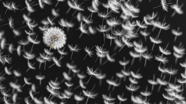 Dandelion Seeds Spreading in Wind, Floating Away on Black Background