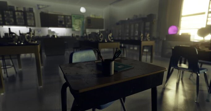 Educational supplies including a pencil holder and notebook rest on a desk in a dim classroom filled with microscopes and shelves lined with learning materials.