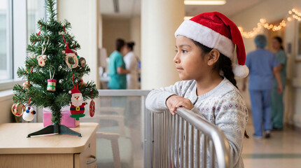 Young girl in santa hat observing small decorated christmas tree in hospital corridor with festive holiday lights in background