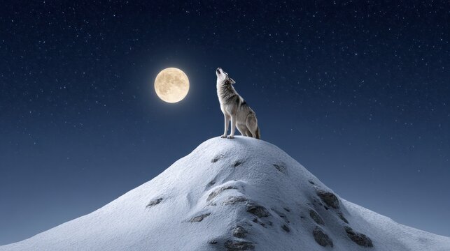 A lone wolf howls at a bright full moon atop a snowy hill under a starry night sky, evoking a sense of solitude and wild beauty.