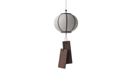 Elegant Japanese Furin wind chime, featuring a white ribbed paper lantern with dark stripes and two wooden clappers, on a dark transparent background. background removed