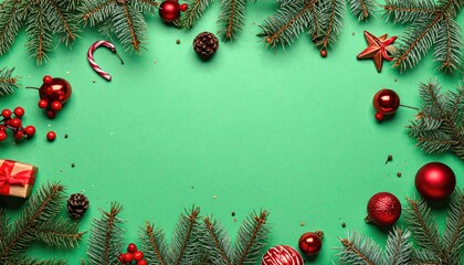 Christmas festive border decoration with fir branches ornaments and gift on green background.