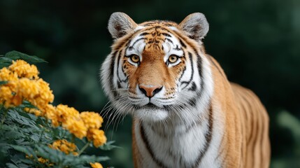 Fototapeta premium A majestic tiger gazes curiously amidst vibrant yellow flowers, showcasing its striking stripes and captivating eyes.