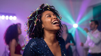 Joyful young woman laughing at festive party with colorful lights, confetti in curly hair, and friends dancing in vibrant background