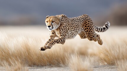 A cheetah leaps gracefully through golden grasslands, showcasing its speed and agility in a stunning natural setting.