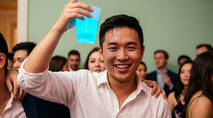 Smiling young man celebrating at lively indoor party while raising a glowing blue drink cup surrounded by cheerful friends and guests