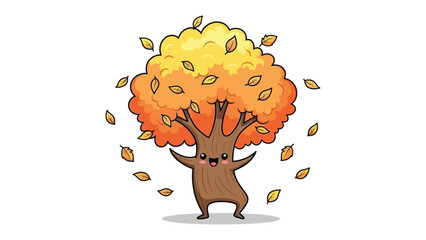 Joyful Autumn Tree: An adorable tree character, adorned with vibrant autumn foliage, joyfully dances in the season of change, with leaves gracefully falling around it.