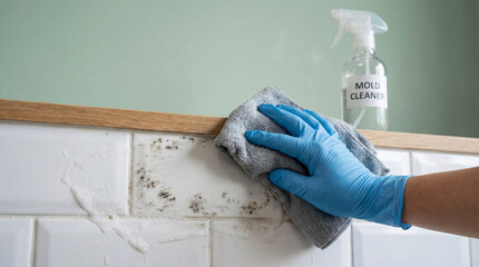 hand in blue glove cleaning moldy bathroom wall tiles with cloth and spray cleaner against light green interior background