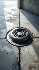 Close-up of metallic, circular industrial fixture embedded in tiled flooring