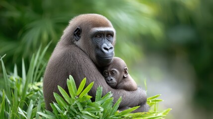 A mother gorilla tenderly holds her baby amidst lush greenery, showcasing a moment of love and connection in nature.