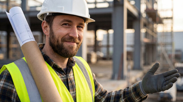 Smiling construction engineer wearing safety vest and hard hat presenting building framework at active urban job site during daytime - Powered by Adobe