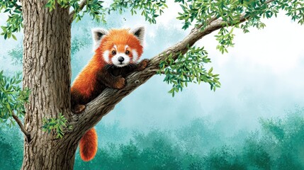 Fototapeta premium A red panda playfully perches on a tree branch, surrounded by lush green leaves and a soft, misty background.