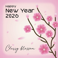 Happy New Year 2026 Greeting Card with Cherry Blossom Illustration