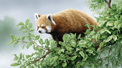 A red panda perched on a leafy branch, showcasing its distinctive fur and playful demeanor in a serene, natural setting.