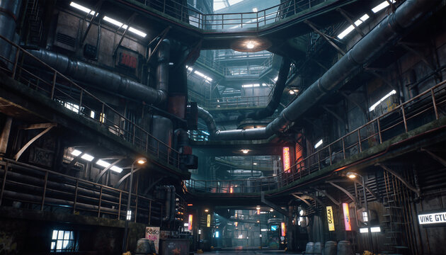 Grungy Cyberpunk Industrial Alleyway Scene - Powered by Adobe