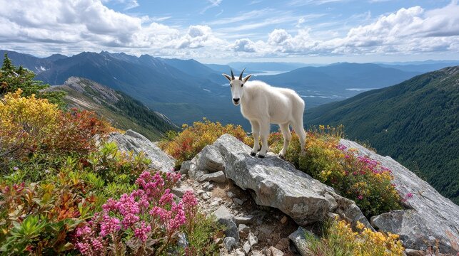 A mountain goat stands on rocky terrain adorned with colorful wildflowers, set against a backdrop of majestic mountains and a vast blue sky.