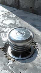 Close-up of metallic, cylindrical object inset concrete