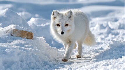 Fototapeta premium A striking image of a white Arctic fox walking through a snowy landscape, showcasing its vibrant fur and keen gaze.