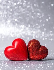 Fototapeta premium Two Red Hearts In Shiny Background - Valentine's Day