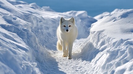 A solitary arctic fox walks through a snowy path, showcasing its white fur against the bright winter landscape.