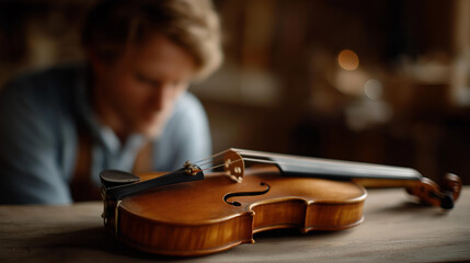 Selective focus of wooden luthier workbench detail in workshop with blurred faceless male artisan repairing violin, instrument restoration work, specialized craftsmanship, musical