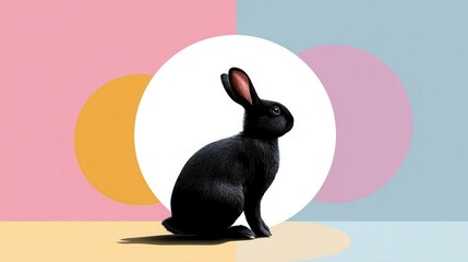 A stylized black rabbit silhouette against a colorful, geometric background with circular and rectangular shapes.